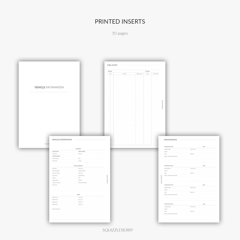 May include: Printable vehicle log pages for tracking fuel costs and maintenance. The pages include sections for vehicle information, fuel costs, and maintenance records.