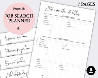 Job Search Planner Printable, Career Planner, Job Interview Pages, Job Application Inserts, Employment Worksheet, A5 Planner Inserts