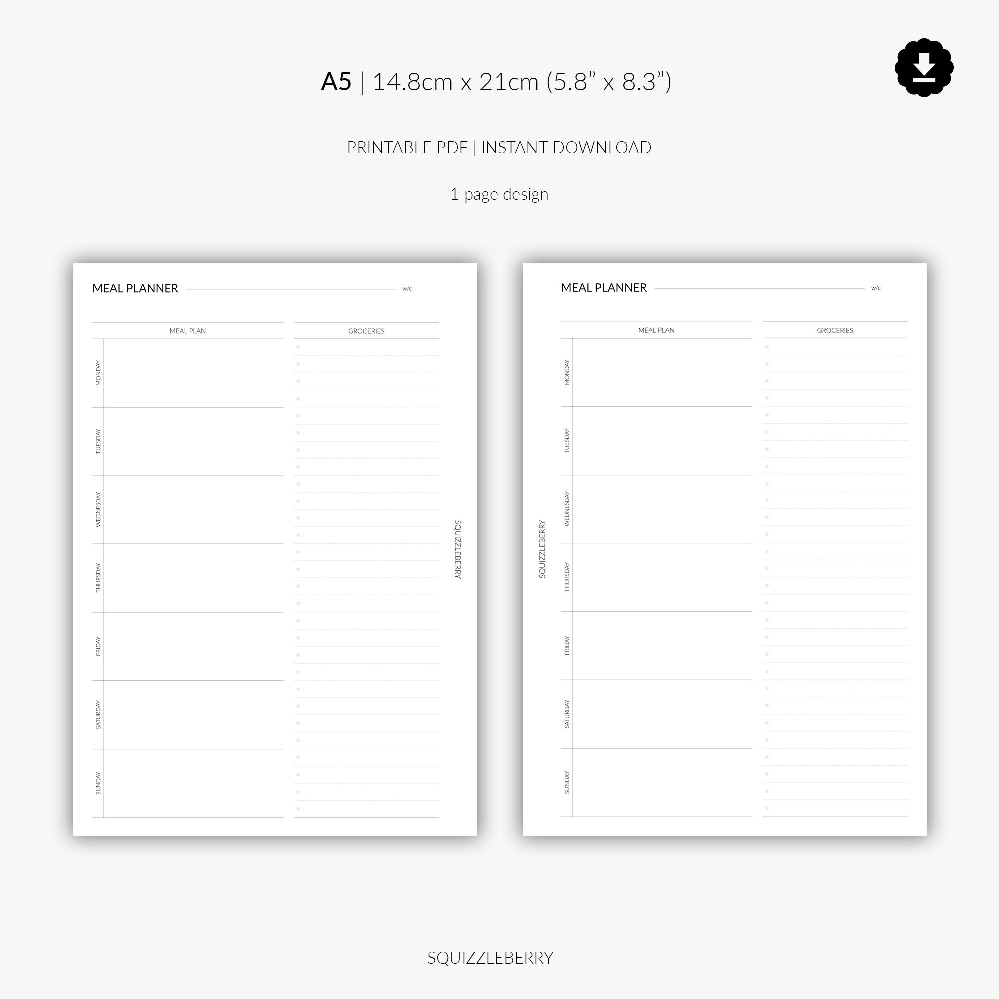 Weekly Meal Planner Printable With Grocery List Minimal | Etsy