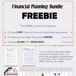 May include: A pink and white printable financial planning bundle with three elements: a 15-page e-book, a printable debt-free guide dashboard, and a printable monthly budget. The bundle is available as a free download.