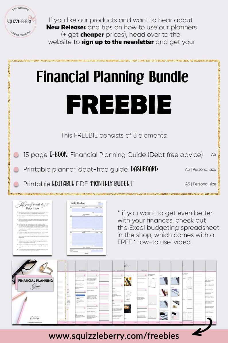 May include: A pink and white printable financial planning bundle with three elements: a 15-page e-book, a printable debt-free guide dashboard, and a printable monthly budget. The bundle is available as a free download.