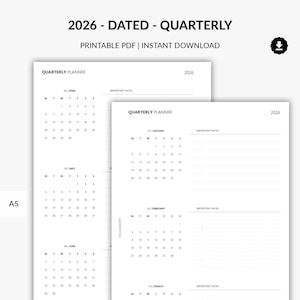 Kvartalsplanerare 2026, utskrivbar kvartalsplanerare, födelsedagsrapport, A5-planerare, evenemangsrapport, pengaregistrering