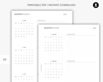 2026 Quarterly Planner, Quarterly Tracker Planner Printable, Birthday Tracker, A5 Planner Inserts, Event tracker, Money In Tracker