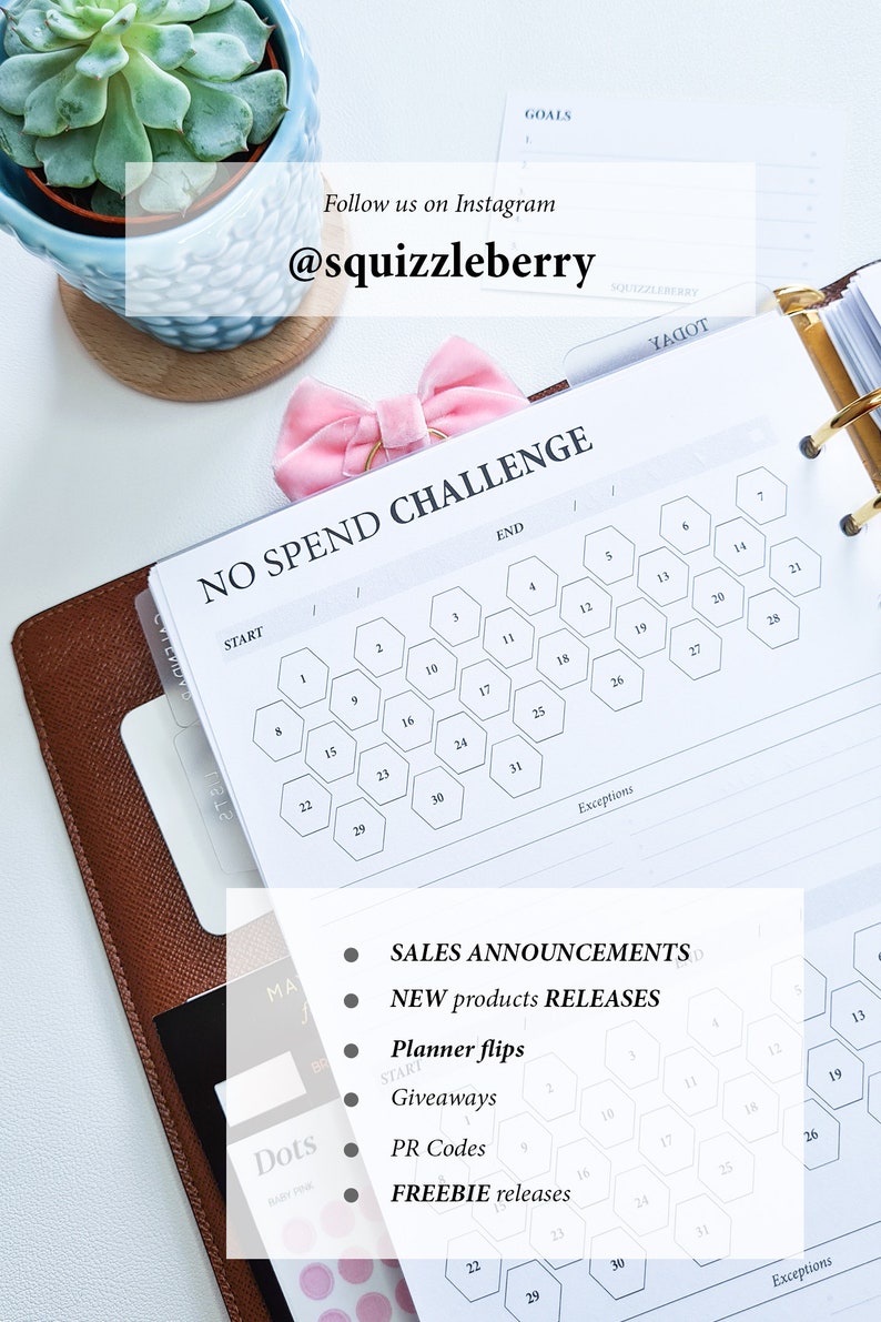May include: A white planner with a hexagonal calendar grid for a no spend challenge. The planner has a pink bow on the top and the text "NO SPEND CHALLENGE" at the top. The planner also has a list of bullet points with the text "SALES ANNOUNCEMENTS", "NEW products RELEASES", "Planner flips", "Giveaways", "PR Codes", and "FREEBIE releases".
