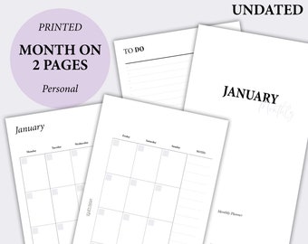 Mes IMPRESIONADO en dos páginas Calendario sin fecha, Mes de un vistazo, Mes en 2 Páginas, Mo2P, Páginas de Planificador, Inserciones mínimas de Planificador Personal