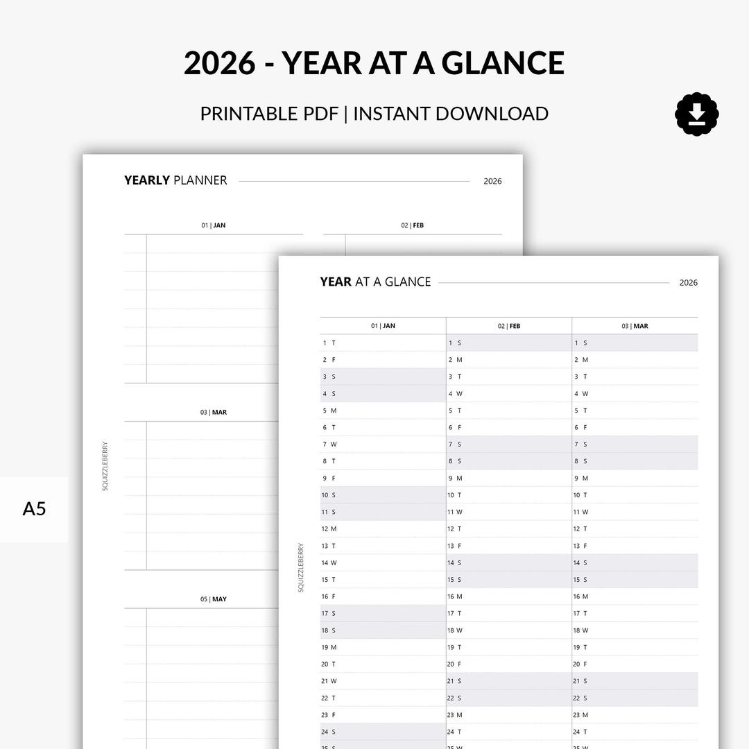 2026 Year at a Glance Printable, Year Calendar on Two Pages, Yearly ...