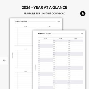 2026 Year at a Glance Printable, Year Calendar on Two Pages, Yearly Overview, 2026 Planner, Dated Calendar, 2026 Year A5 Planner Insert