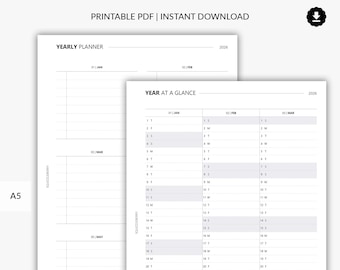 2026 Year at a Glance Printable, Year Calendar on Two Pages, Yearly Overview, 2026 Planner, Dated Calendar, 2026 Year A5 Planner Insert