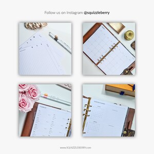 May include: A set of four images showing different pages of a brown leather bound planner. The pages are white with black printed text and lines. The planner has gold rings and a gold clasp. The images show a monthly calendar page, a quarterly planner page, a to-do list page, and a page of lined paper.