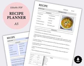 Editable Recipe Planner PDF, Minimalist Planner Insert, Functional Planning, Cooking Inserts, Fill In Recipe Card, A5 Planner Inserts