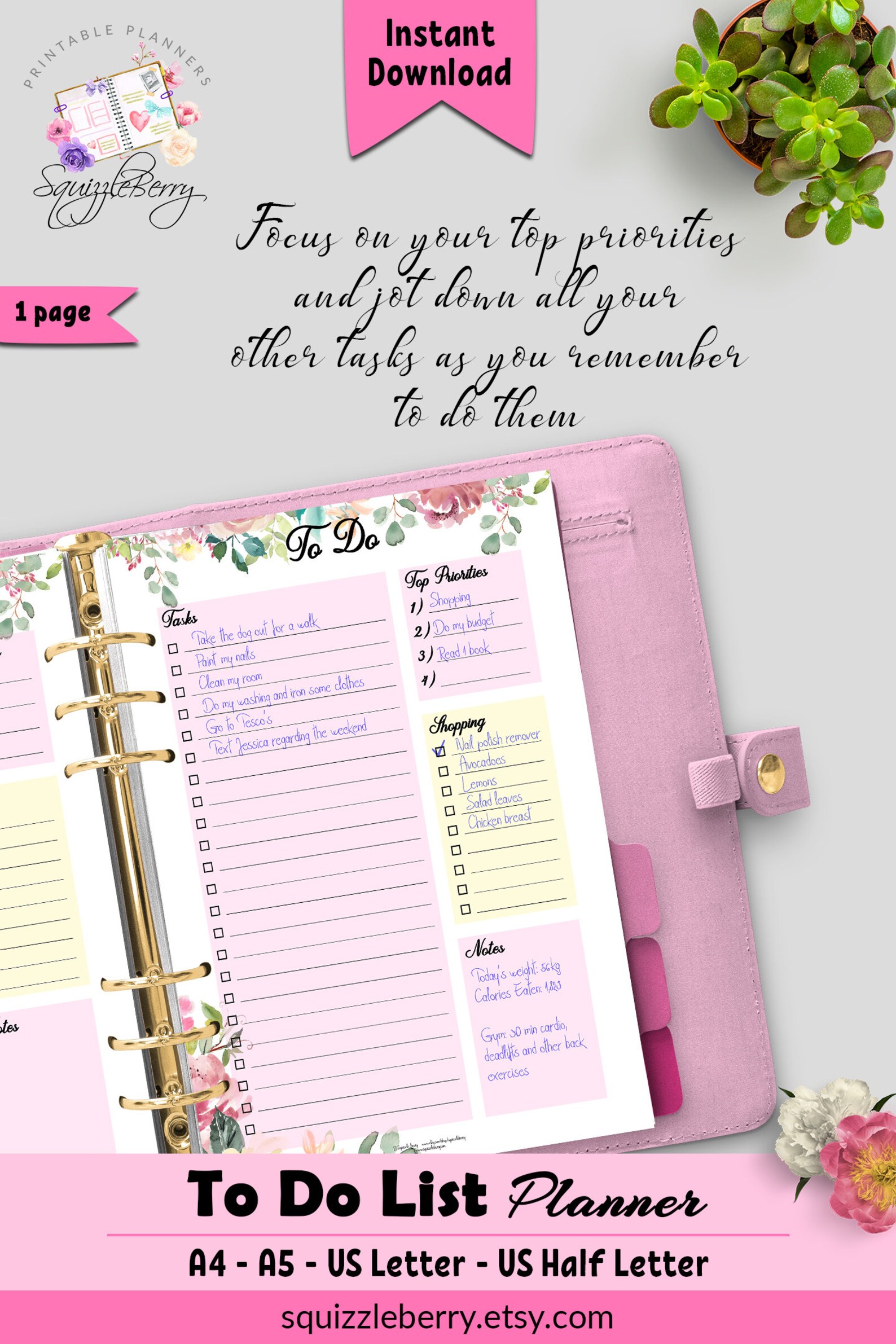 Pink To Do List Printable To-Do Printable with Grocery List | Etsy