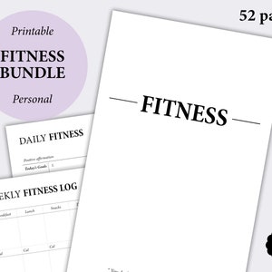Op de afbeelding: Een printbare fitnessbundel met 52 pagina's. De omslag heeft het woord "FITNESS" in zwarte tekst op een witte achtergrond. De bundel bevat een dagelijks fitnesslogboek en een wekelijks fitnesslogboek.