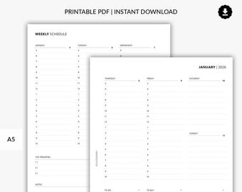 2026 Weekly Schedule Planner Printable, Week on 2 Pages, Week at a Glance, Hourly Weekly Schedule, Weekly Planner in A5 Printable Pages PDF