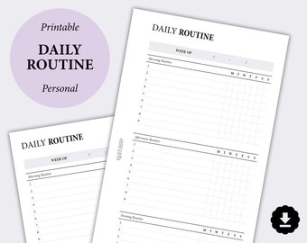 May include: Printable daily routine planner with sections for morning, afternoon, and evening routines. Each section has a space to write in the week of and a grid for each day of the week, Monday through Sunday.
