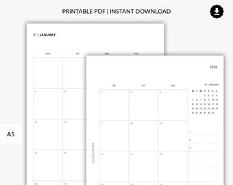 Printable 2026 Month on 2 Pages, Mo2P, Monthly Planner, Monthly Overview, 2026 Planner, Month at a Glance, Dated Calendar, A5 Planner Insert