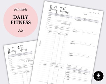 Daily Fitness Planner Printable, Food Diary, Exercise Planner, Meal Log, Food Journal, Calorie Tracker, Workout Tracker, Weight Loss Journal