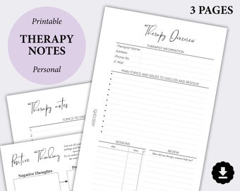 Therapy Notes Planner Printable, Mental Health Personal Growth Pages, Depression Journal, Positive Thinking Sheet, Personal Planner Inserts