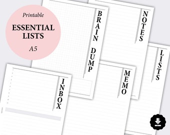 May include: Printable A5 planner pages with sections for Inbox, Brain Dump, Memo, Notes, and Lists. Each section has a lined area for writing.