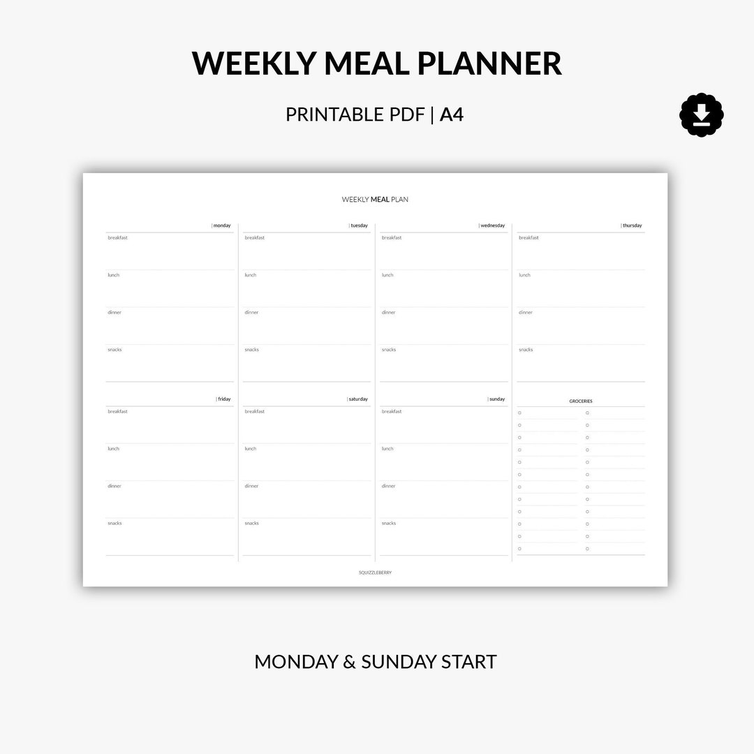 Weekly Meal Planner Printable A4 With Grocery List, Minimal Shopping ...