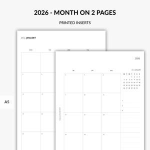 IMPRESO Mes 2026 en 2 páginas, Mo2P, Planificador mensual, Resumen mensual, Planificador 2026, Mes de un vistazo, Calendario con fecha, Inserto de planificador A5
