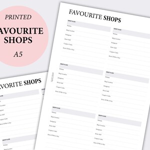 Puede incluir: Hoja A5 imprimible con el título "Tiendas favoritas" y una lista de categorías para rellenar para tus tiendas favoritas, incluyendo el nombre de la tienda, el sitio web, la ubicación de la tienda, Instagram, los artículos vendidos, los códigos de cupón y los artículos que te gustaría comprar.