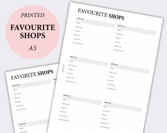PRINTED Favorite Shops Tracker, Favorite Stores, Minimal Inserts, My Favourite Shops, Etsy Shop Tracker, A5 Planner Sheets, Coupon Code