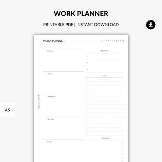 5 Day Week Planner Printable, Work Planner, Work Day Planner with Deadlines and To Do List, Week on One Page Work Plan, A5 Planner Inserts