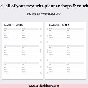 May include: A printable planner page with a black and white design. The page is divided into two sections, each with the title "Favorite Shops". Each section has four rows of fields for listing shop names, locations, Instagram handles, coupon codes, and dates to buy.