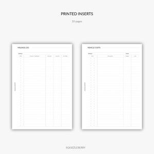 May include: Printable vehicle log and vehicle cost tracker pages. The pages are divided into columns with headings for vehicle, date, purpose, odometer start, odometer end, mileage, description, budget, and cost.