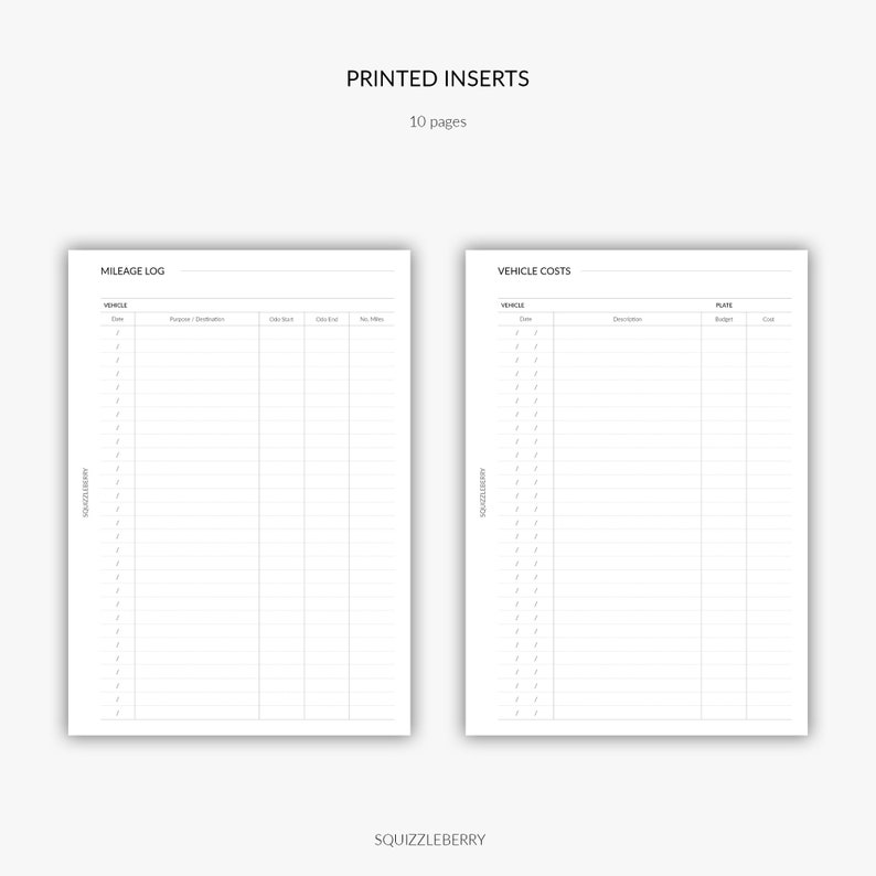 May include: Printable vehicle log and vehicle cost tracker pages. The pages are divided into columns with headings for vehicle, date, purpose, odometer start, odometer end, mileage, description, budget, and cost.