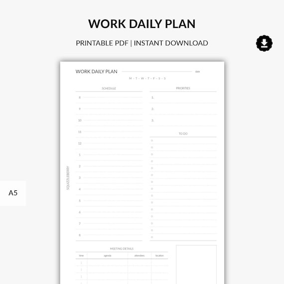 Work Daily Planner Printable, Work Planner, Work Day Planner with Deadlines and To Do List, Schedule Work Plan, A5 Planner Inserts