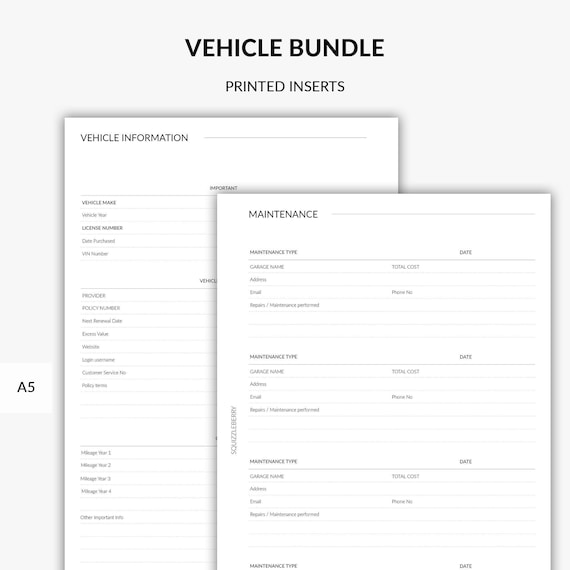PRINTED Monthly Mileage Log, Mileage Tracker, Travel Log, Vehicle Maintenance, Car Fuel Tracker, Vehicle Insurance A5 Planner Inserts