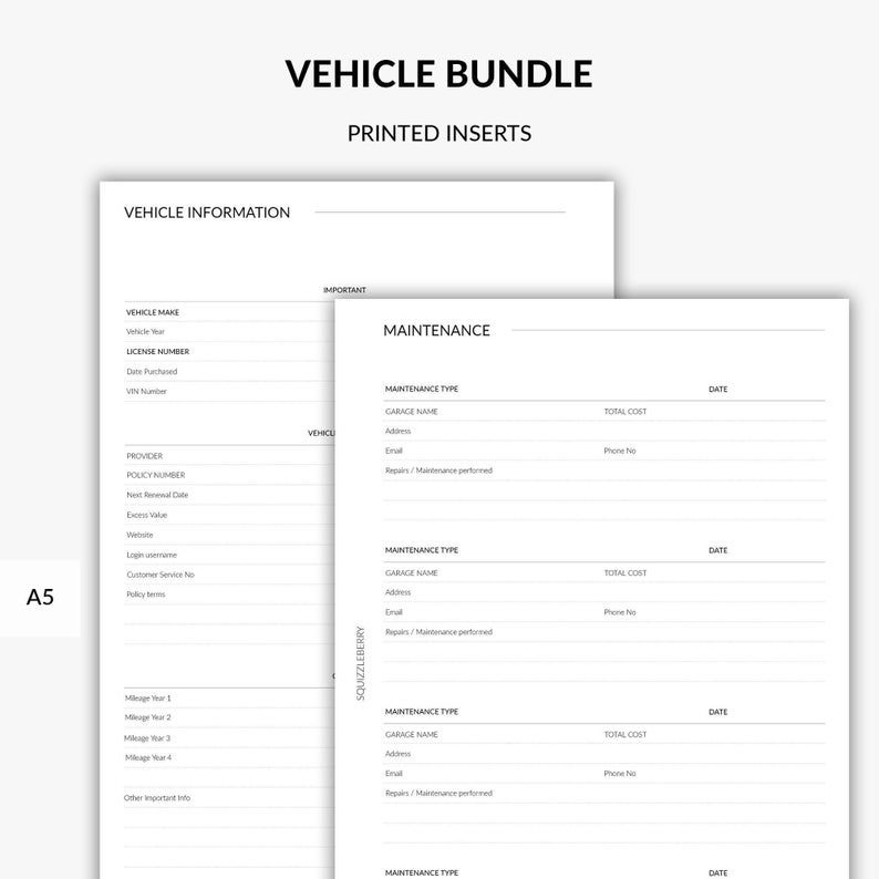May include: A printable vehicle maintenance log with sections for vehicle information, maintenance type, garage name, address, email, repairs or maintenance performed, total cost, date, and phone number.