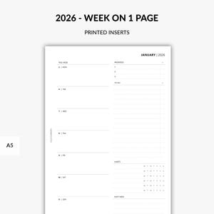 Planificador semanal 2026 IMPRESO, Insertos con fecha 2026, Semana en 1 página, Resumen semanal, Agenda semanal, Planificador Wo1P en páginas A5 imprimibles