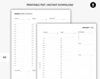 2026 Weekly Work Schedule Planner Printable, Week on 2 Pages, Weekly Habits Tracker, Weekly Planner in A5 Printable Pages PDF