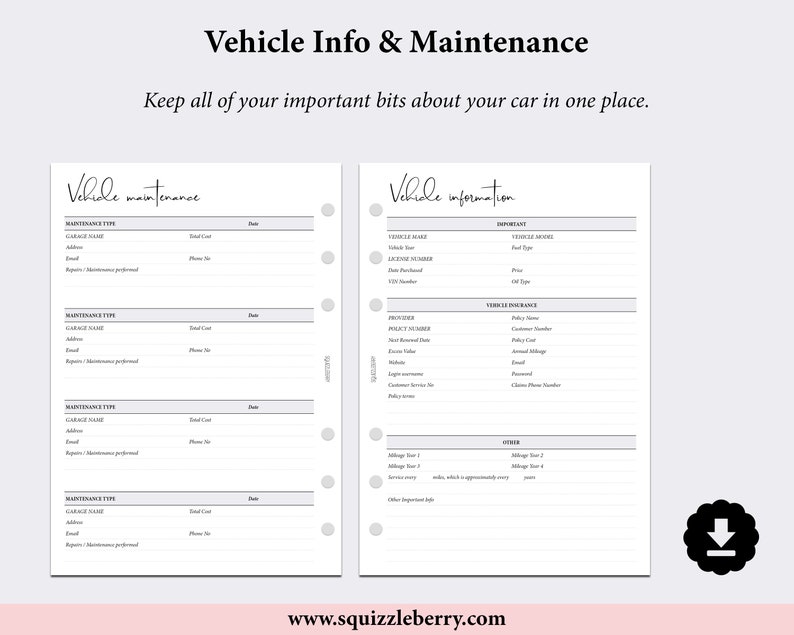 Vehicle Maintenance Log Planner Printable Mileage Tracker | Etsy
