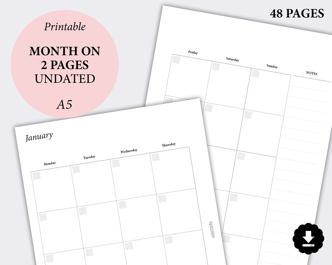 Month on Two Pages Undated Calendar Planner Printable, Month at a ...