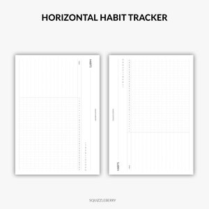 May include: A printable horizontal habit tracker with two pages. The left page has a section for listing habits and a grid for tracking progress. The right page has a grid for tracking progress and a section for listing habits.