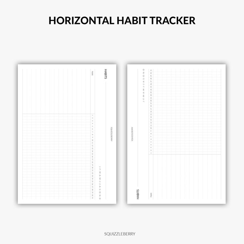 May include: A printable horizontal habit tracker with two pages. The left page has a section for listing habits and a grid for tracking progress. The right page has a grid for tracking progress and a section for listing habits.