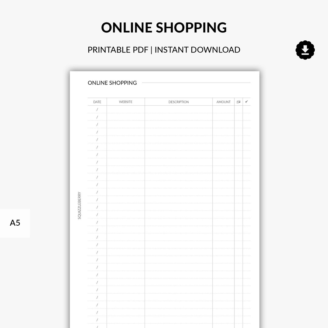 Online Shopping List Planner Printable, Budget Planner, A5 Planner Organization Insert, Online