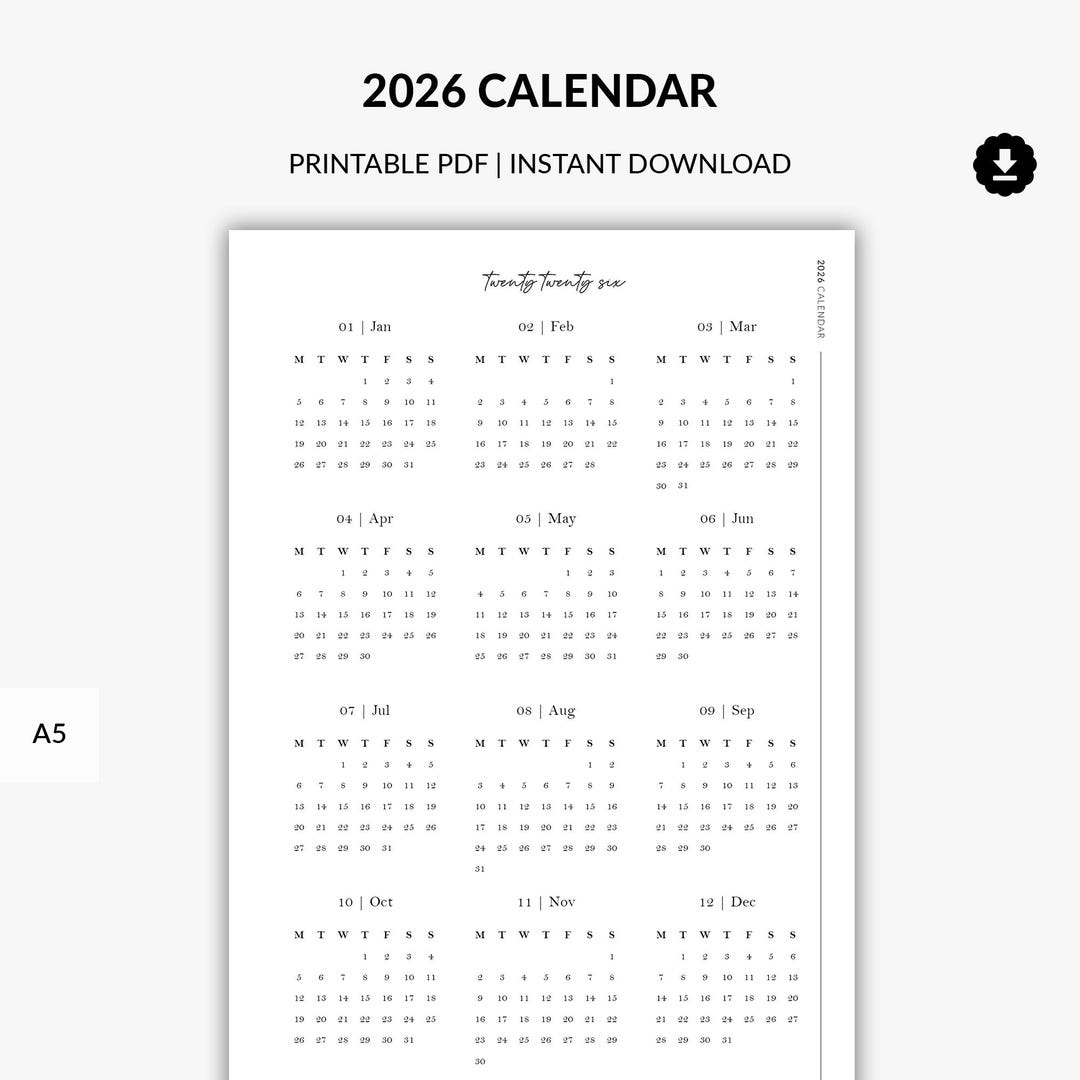 2026 Printable A5 Calendar, Minimalist Calendar, 2026 Wall Planner
