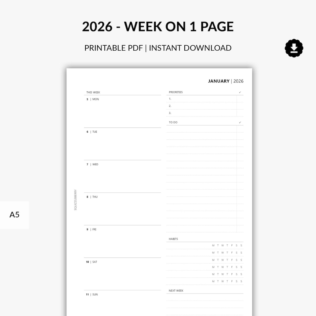 2026 Weekly Planner Printable, 2026 Dated Inserts, Week on 1 Page, Week ...