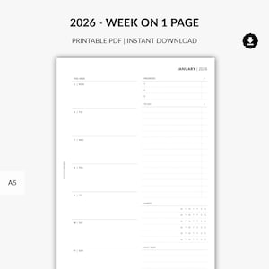 2026 Weekly Planner Printable, 2026 Dated Inserts, Week on 1 Page, Week at a Glance, Agenda Weekly, Wo1P Planner in A5 Printable Pages PDF