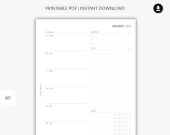 2026 Weekly Planner Printable, 2026 Dated Inserts, Week on 1 Page, Week at a Glance, Agenda Weekly, Wo1P Planner in A5 Printable Pages PDF