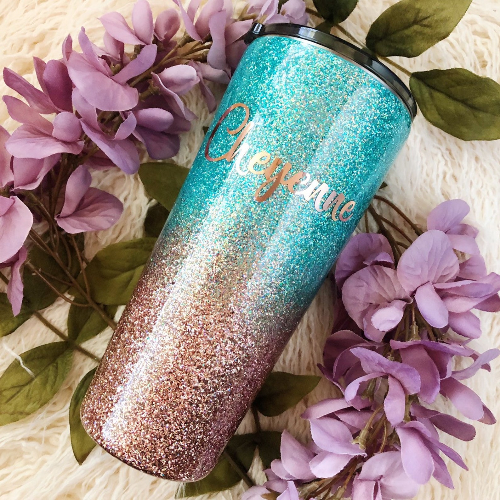 Teal and Rose Gold Ombre Glitter Tumbler Glitter Tumbler Etsy