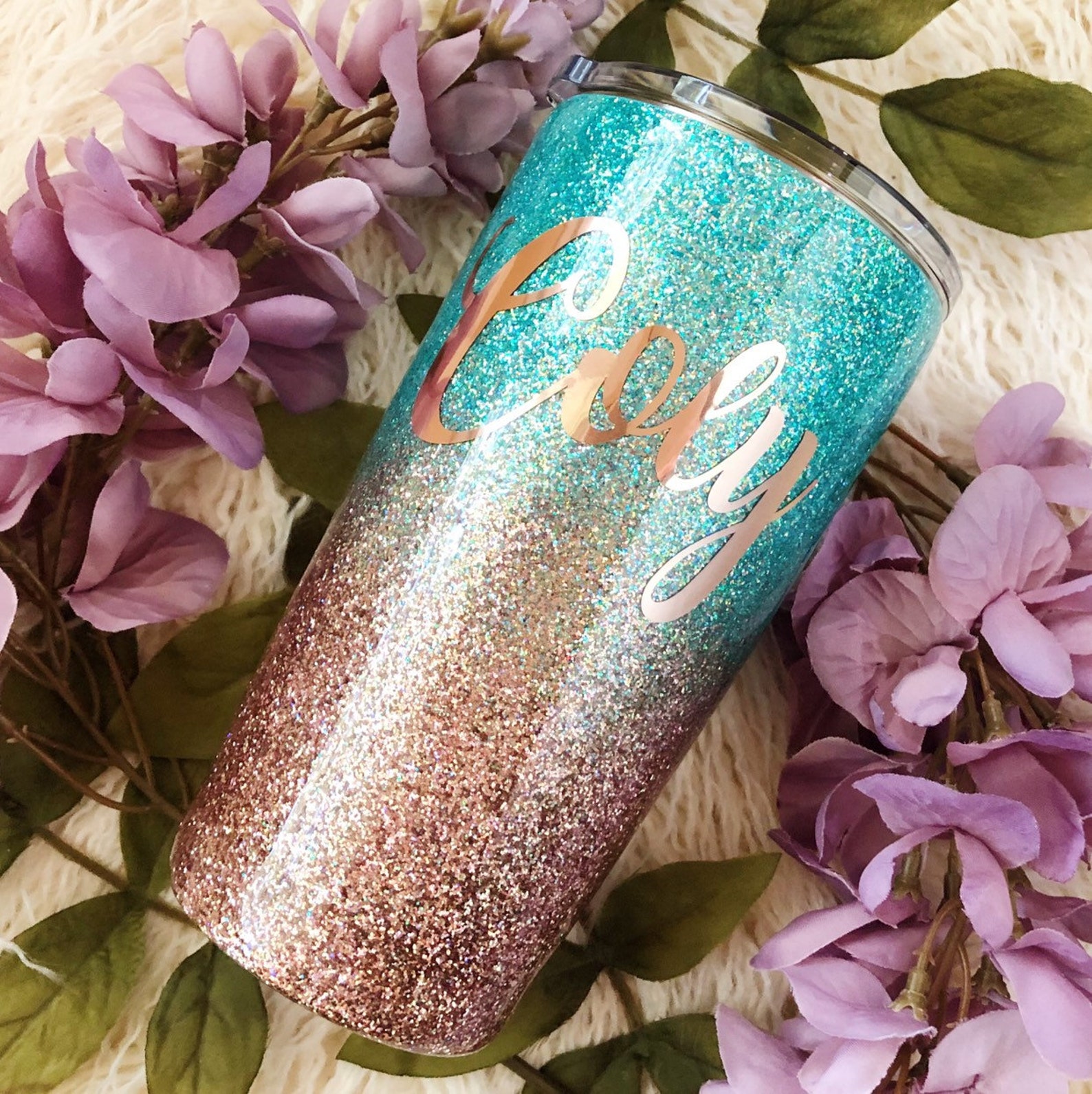 Teal and Rose Gold Ombre Glitter Tumbler Glitter Tumbler Etsy