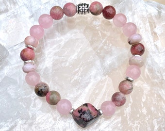 BRACELET CRYSTAL LOVE, Quartz rose, Rhodonite, Opale rose, Cancer du sein, Amour de soi, Étirement perlé, Pierre naturelle Pierre précieuse en cristal