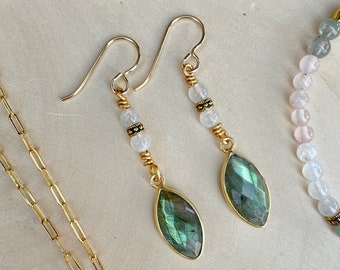 Labradorite Dangle Earrings, with Rainbow Moonstone, 14K Gold Filled, Natural Stone, Dangling Gemstone