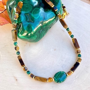 TIGER&#39;S EYE & MALACHITE Necklace, 18&quot;, Beaded Gemstone Strand with Gold Brass, Natural Stone Crystal