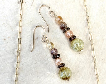 Rutile & Smoky Quartz Dangle Earrings, 14K gold filled hooks, natural stone crystal